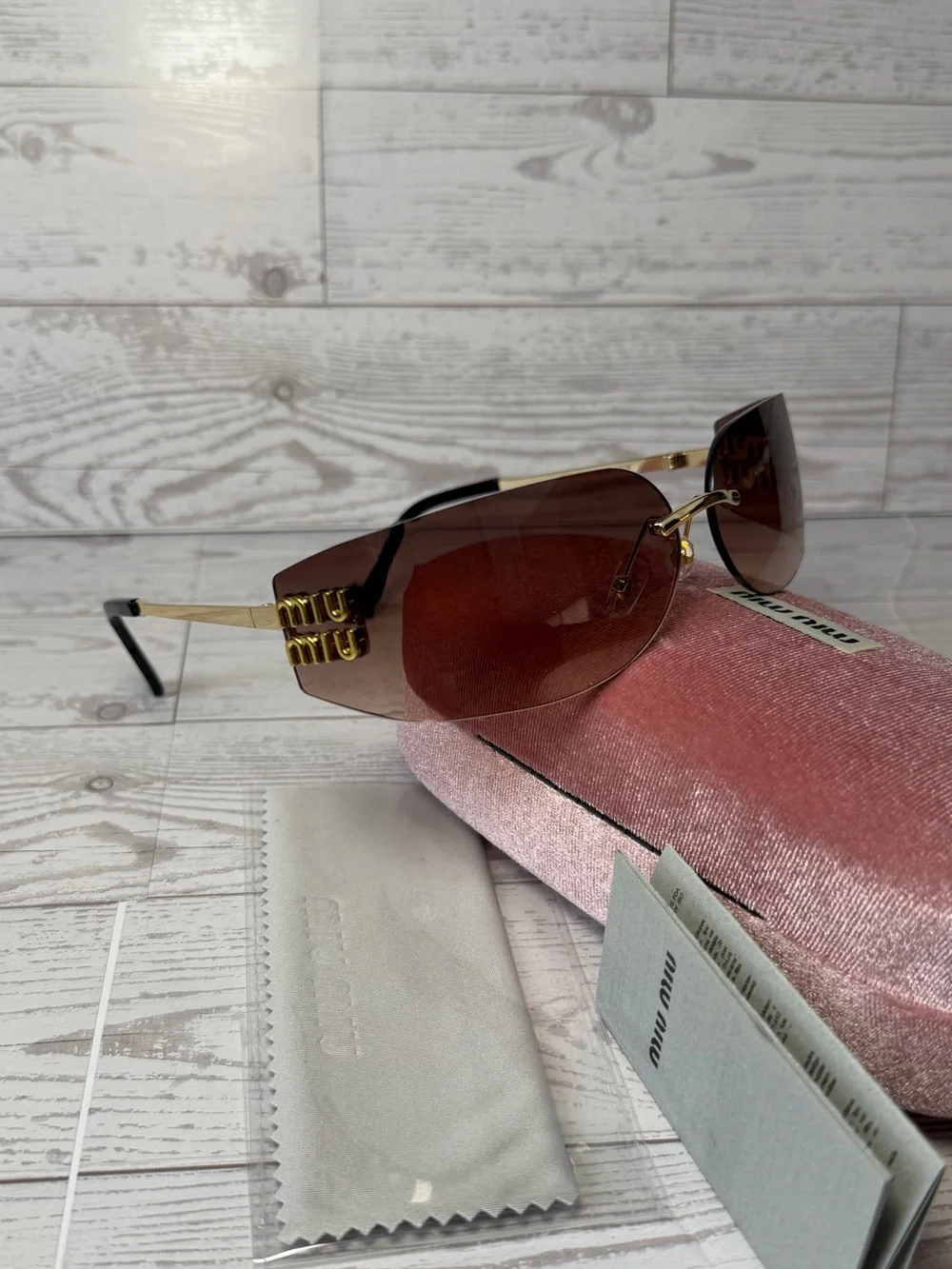 Brown Gradient Rimless Shield Sunglasses with Gold Logo Temples